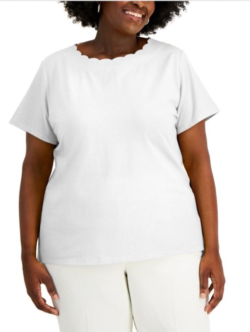 ANNE KLEIN Womens White Scalloped Short Sleeve Round Neck T-Shirt Plus 1X