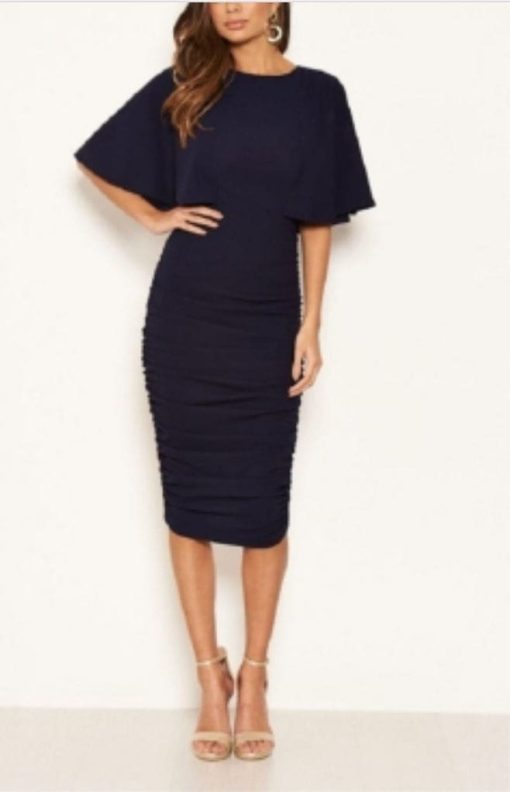 Ax Paris Navy Ruched Midi Dress Size 4 - Cocktail Dress