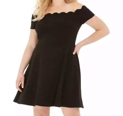 B DARLIN 22W plus black off the shoulders scalloped skater mini dress