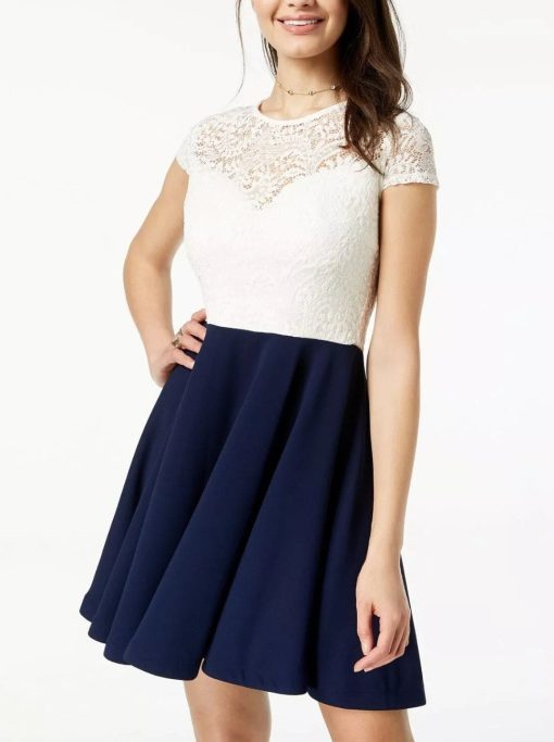 B. DARLIN JUNIORS' WHITE BLUE LACE CUTOUT BACK FIT &amp amp FLARE DRESS SIZE 7/8