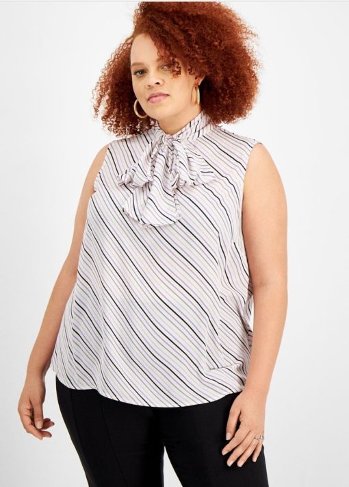 Bar III Plus Size Striped Tie Neck Blouse - White - 2X - Tops
