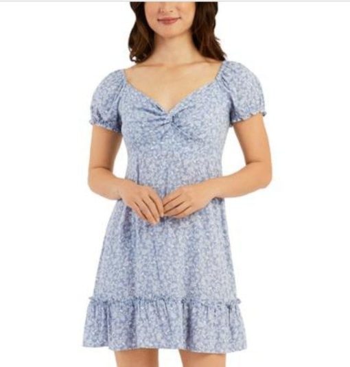 BCX DRESS Womens Blue Smocked Twist Front Floral Short Sleeve V Neck Short Fit + Flare Dress Juniors Sq