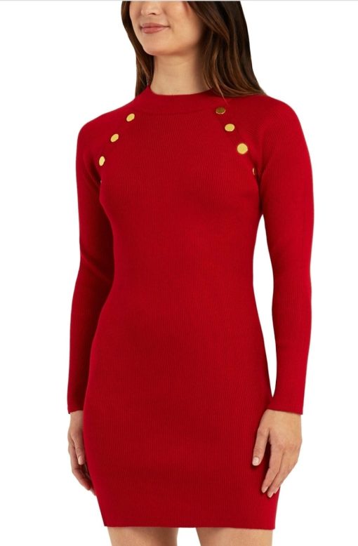 BCX Red Mini Sweater Dress - Button Detail - Size M - Bodycon Dress