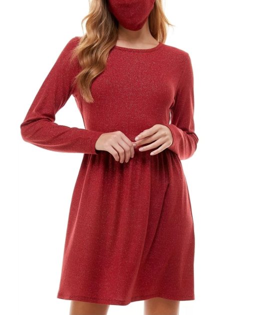 BEBOP Womens Red Long Sleeve Crew Neck Short Fit + Flare Dress Juniors  S