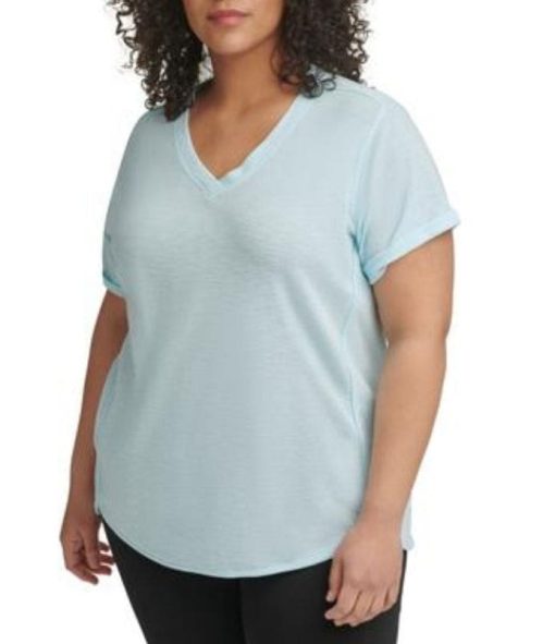 Calvin Klein Performance Plus Size Solid Rolled-Cuff Top - Crystal Blue 1X