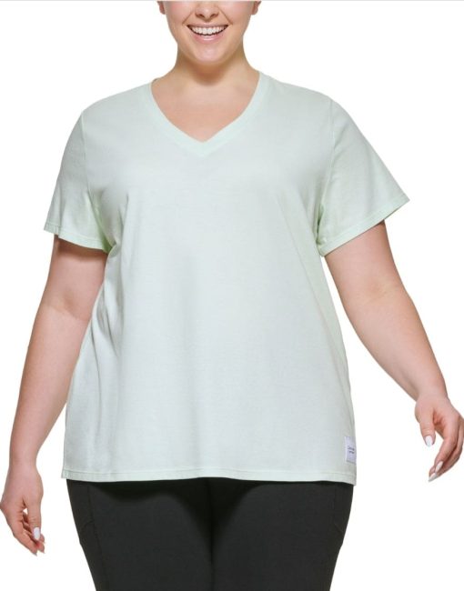 CALVIN KLEIN PERFORMANCE Womens Green Short Sleeve V Neck T-Shirt Plus 1X