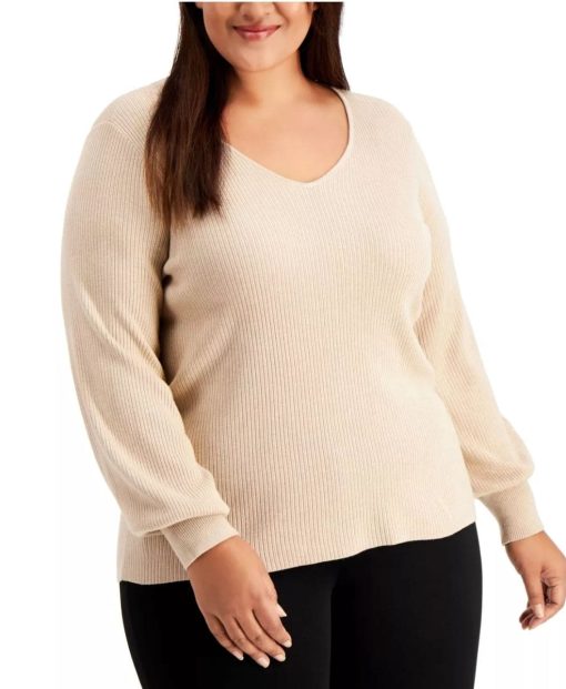 CALVIN KLEIN Womens Beige Textured Dolman Sleeve V Neck Top Plus 2X