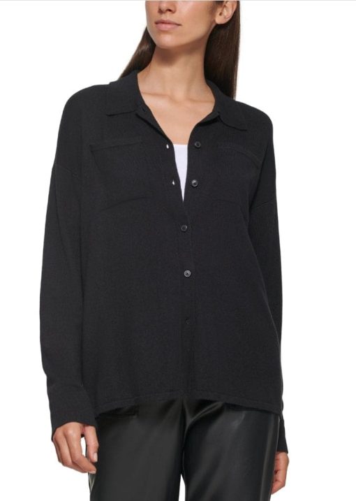 Calvin Klein Womens Black Knit Ribbed Pocketed Long Sleeve Point Collar Button up Top Xl