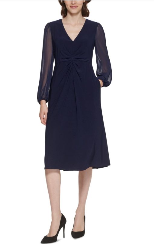 Calvin Klein Womens Chiffon Sleeves Ruched MIDI Dress 8P