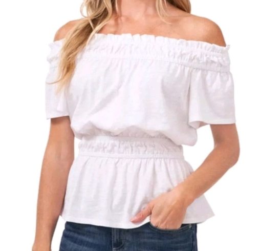 CECE Off The Shoulder Cotton Blend Peplum Top In Ultra White XS