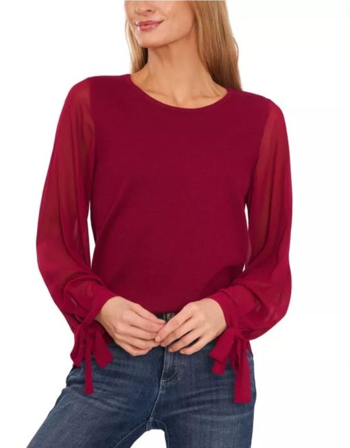 CeCe Women's Cotton Chiffon-Sleeve Mixed-Media Sweater xl