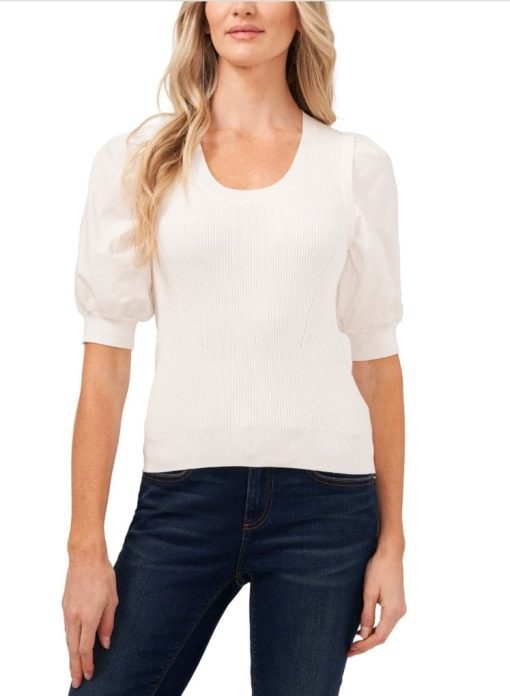 CECE White Ribbed Puff Sleeve Sweater - XL - Women's Tops