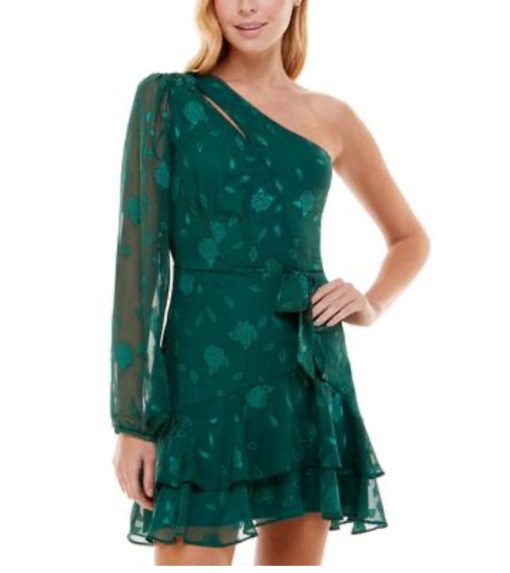 City Studio Womens Green Zippered Cut Out Tie Tiered Skirt Long Sleeve Asymmetrical Neckline Short Party Fit + Flare Dress Juniors 1 - All