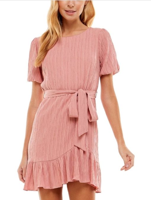 CITY STUDIO Womens Pink Stretch Textured Ruffled Keyhole Back Belted Short Sleeve Jewel Neck Short Fit + Flare Dress Juniors M