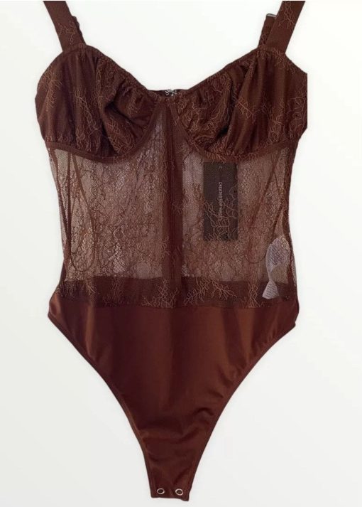 Danielle Bernstein Women's Bodysuit Warm Brown Size 2 Lace Sheer Knit Top