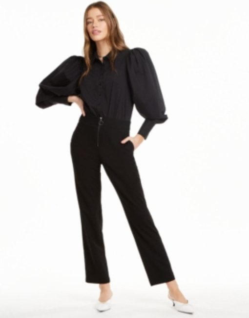 Danielle Bernstein Womens Puff Sleeve Collar Bodysuit Black XL