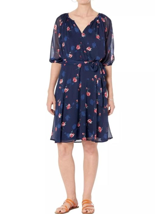 DKNY Puff Sleeve V-Neck Belted Floral Dress in Navy/Multi Women's Size 8