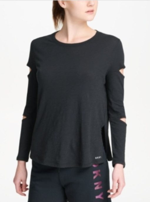 DKNY Women's Tee Shirts BLACK - Black Cutout Long-Sleeve Tee - Women XL