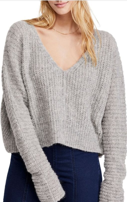 FREE PEOPLE Womens Gray Long Sleeve V Neck Crop Top Size: M