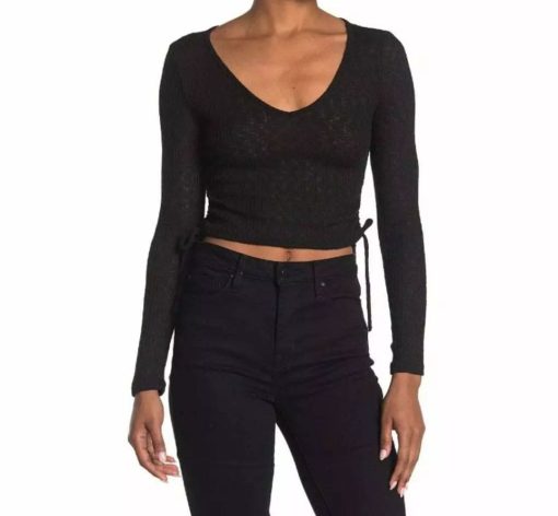 Good Luck Gem Women Top Crop Ribbed V Neck Long Sleeve Black Stretch L Large NWT


M