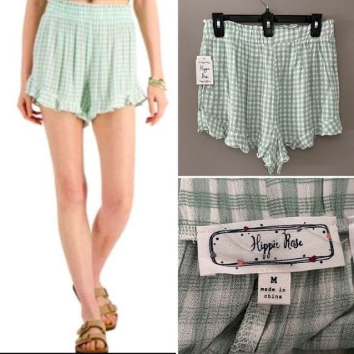 HIPPIE ROSE Light Jade and White Gingham Check Ruffle Trim Shorts Size M