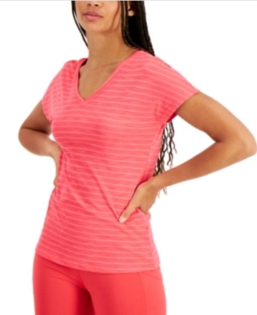 Ideology Women S V-Neck  Short Sleeve  Shadow Stripe T-Shirt  Flamenco Pink  S