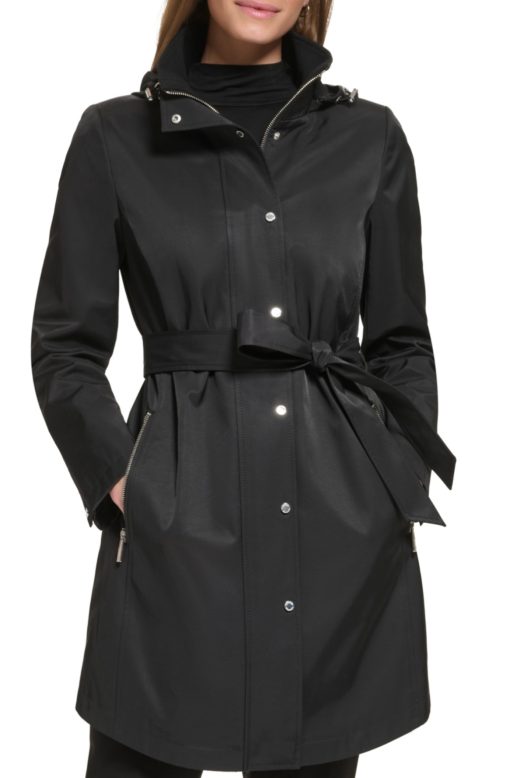 Calvin Klein Women's Zip-Front Hooded Belted Raincoat - Black L