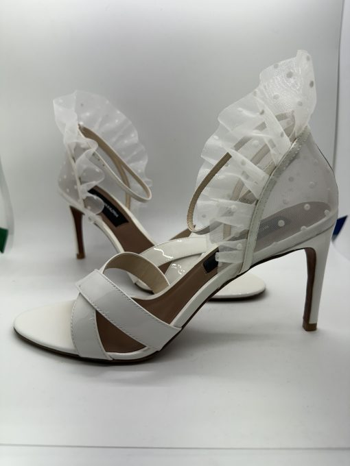 BCBGMAXAZRIA Stella Ruffle Ankle Strap Sandal in White Patent 7