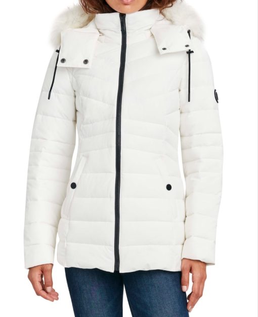 Nautica Faux-Fur-Trim Hooded Puffer Coat - White L