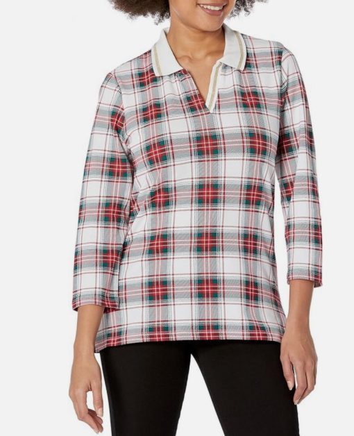 Tommy Hilfiger Plaid Top White Red Green XL Women's Blouse