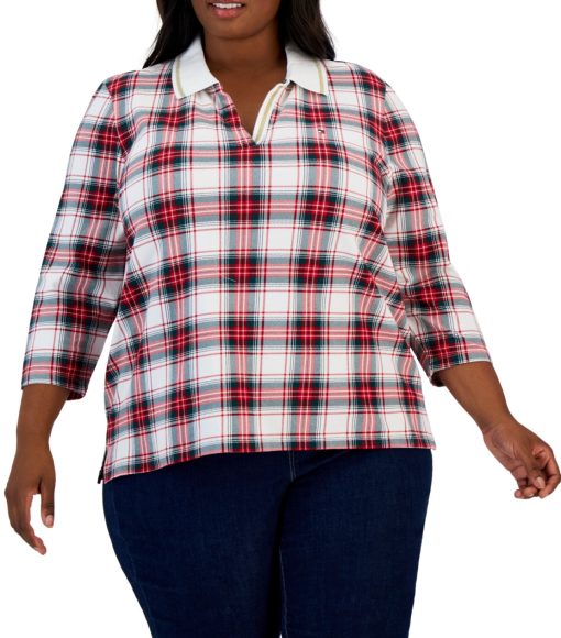 Tommy Hilfiger Plaid Top Plus Size Red White Green Blouse