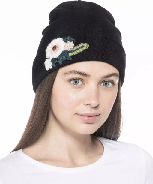 INC Black Floral Embroidered Beanie Hat - One Size - Women's