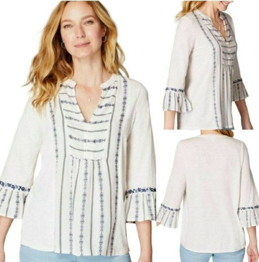 J. Jill Boho Bell Sleeve Embroidered V Neck S