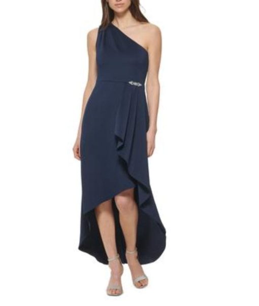 Jessica Howard Navy One Shoulder Ruffle Maxi Dress - 8P - Evening Gown