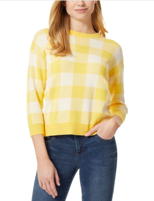 Jones New York Gingham Jacquard Sweater with Three Quarter Sleeves - Sunflower and White M