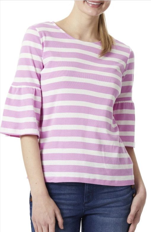 Jones New York Women S Stripe Flounce Sleeve Cotton Top Pink Size X-Large