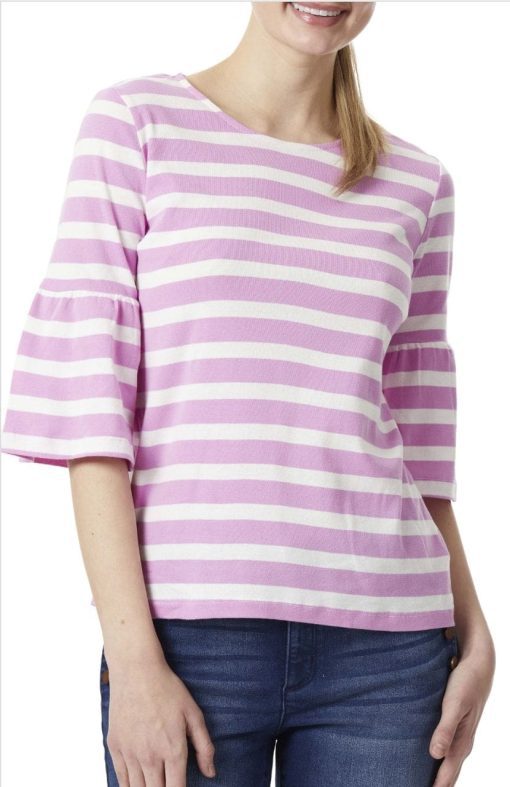 JONES NEW YORK Womens Pink Striped Bell Sleeve Round Neck Top S