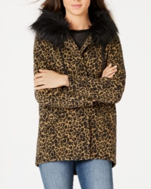 Jou Jou Junior S Leopard Print Faux Fur Trim Hooded Jacket Brown Size Small