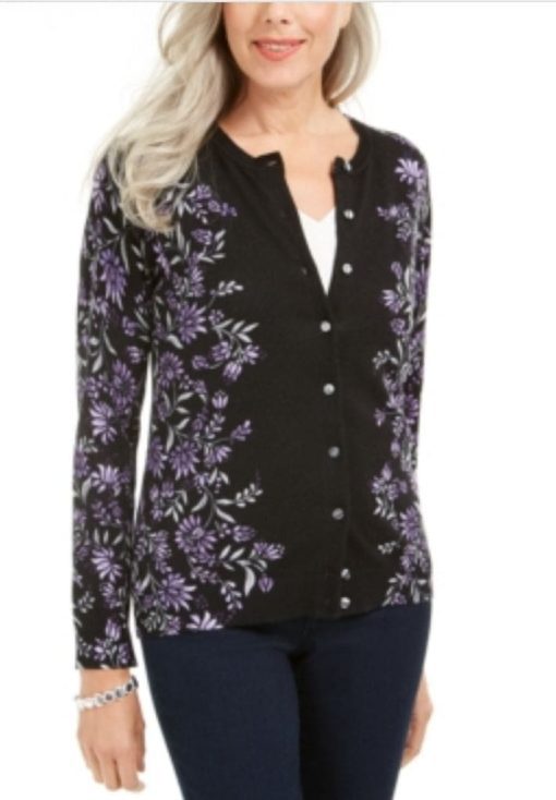 Karen Scott Floral-Print Button-up Cardigan, Purple Combo XS