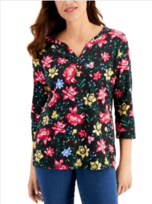 Karen Scott Tapestry Dream Floral Henley Top, SIZEXL