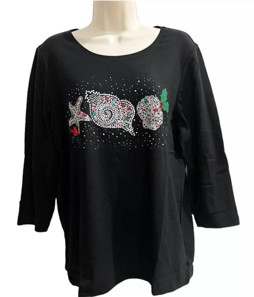 karen scott women s 3/4 sleeve embellished seashells holiday top size large