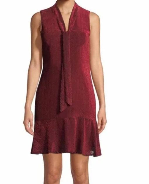 Karl Lagerfeld pindot velvet burnout sleeveless shift dress with bow at neck and ruffle flounce hem 0