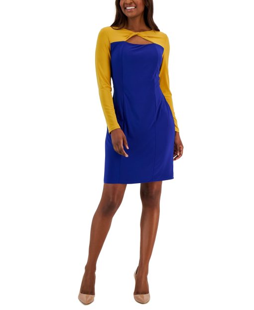 Kasper Womens Knot Neck Colorblock Sheath Dress Blue XL