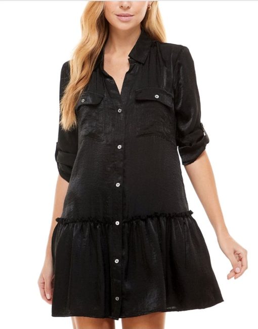 KINGSTON GREY Womens Black Ruffled Pocketed Button Front Roll-tab Sleeve Collared Mini Shirt Dress Juniors M