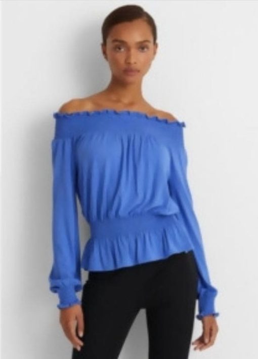 Lauren Ralph Lauren Womens Blue Smocked Long Sleeve Off Shoulder Peplum Top Xxl