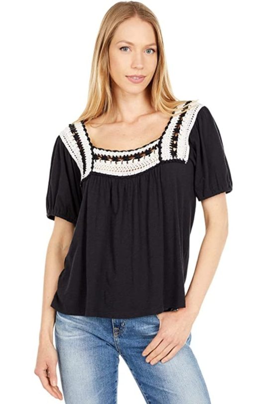 LUCKY BRAND Womens Black Textured Pleated Short Sleeve Square Neck Top L