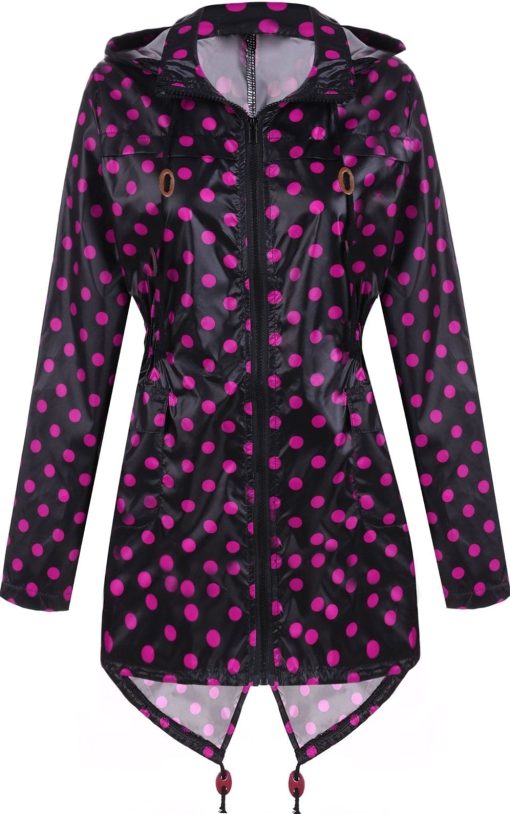 Meaneor Women's Waterproof Raincoat Outdoor Hooded Rain Jacket Black and Rose Red Polka Dot XXL