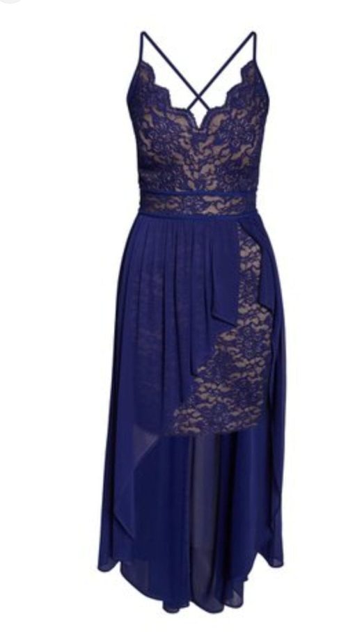 Morgan & Co. Scallop Lace Bodice High/Low Gown blue