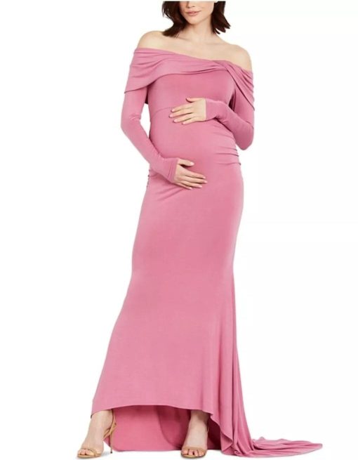 Motherhood Maternity Women S Off the Shoulder Long Sleeve Maxi Gown Pink Size SIZELarge