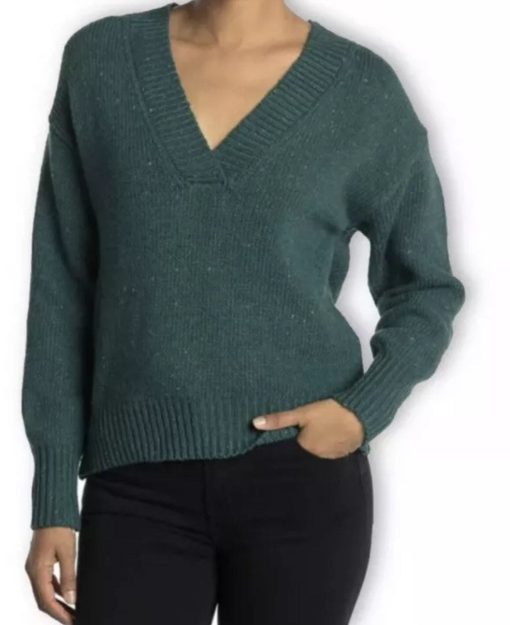 New Abound V-Neck Knit Nordstrom Flecked Chunky Pullover Sweater M Teal Green